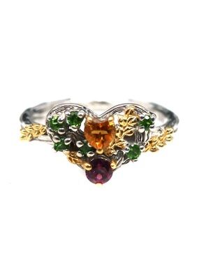 Natural Citrine Chrome Diopside & Garnet Heart Floral Twisted band Ring Sz 6.75